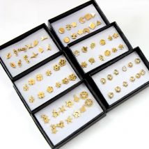 ASONSTEEL 6 Pairs/Box Vintage Stud Earrings Set for Women, Snowflake Piercing, Stainless Steel, Modern Gold Color, New Surgical