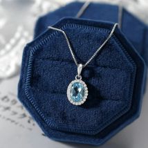 LAMOON Natural Topaz Necklaces For Women Gemstone Pendant Blue Stone 925 Sterling Silver White Gold Plated Wedding Jewelry NI049
