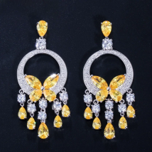 CWWZircons Quality Long Big CZ Stone Yellow Crystal Tassel Drop Earrings for Women Fashion Statement Wedding Party Jewelry CZ034