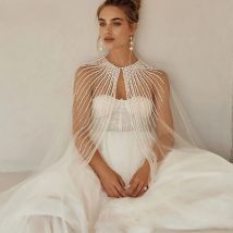 Rows Of Elegant Pearls Adorn The Fine Tulle Stardust Cape, Long Wedding Shawls Bridal Accessories  DJ177