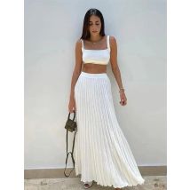 Tossy New White Knit Two Piece Women Sets Fall Ribbed Tank Top And Pleated Knitted Skirt Suits For Women Long Dress Sets Summer