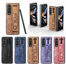 Leather Case for Samsung Galaxy Z Fold 6 5 4 3 5G Cover Stripe Geometric Soft Shockproof Hand Band SPen Slot Shell Funda Holster
