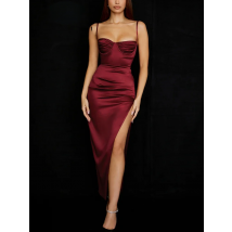 NewAsia Summer Satin Dress Cut out Side Split Spaghetti Strap Lining Underwire Padded Maxi Dress Elegant Party Sexy Robe femme