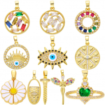 Juya New 18K Gold Plated Colorful Cubic Zirconia Round Greek Turkish Evil Eye Angel Saturn Nail Enamel Daisy Charms Supplies