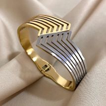 Exaggerated Gold Plated Stainless Steel Cuff Bracelet Bangle Irregular Hollow Patchwork Geometric Wide Bangle Waterproof Jewelry