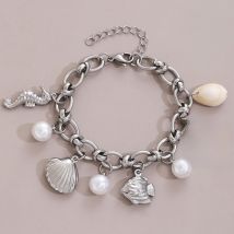Summer Beach Stainless Steel Bracelets for Women Starfish Shell Ocean Style Pendant Bohemian Jewelry Gift Fashionable ResortWear