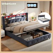 UrbanLuxe Letto matrimoniale 160x200 cm con illuminazione LED e doppia porta USB di ricarica, rete a doghe, con spazio di archiviazione, velluto, Grigio
