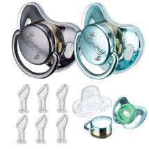 Miyocar Custom Gold Blue Schnuller (2 Stück) mit Namen Bring 6 Ersatzsauger inklusive aller Größen, personalisierte Babyparty für Jungen und Mädchen