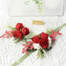 Red Silk Flowers Wedding Corsage Pins Groom Boutonniere Buttonhole Women Wristband Wedding Witness Marriage Accessories Bracelet