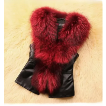 Women Leather Jacket Fur Collar Stitching Simulation Leather Oversized Raccoon Autumn Winter Solid Color Sleeveless Vest Coat