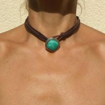 Bohemian Style Vintage Creative Leather Choker imitation turquoise Pendant Necklace for Women Girls Simple Jewelry Gifts