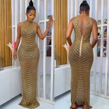 Sparkly Crystal Rhinestone Bodycon Maxi Dress Women Wedding Evening Backless Mesh See Through Night Party Club Birthday Dress