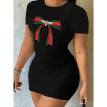 Summer women's bee bow pattern printed casual bag buttocks slim fit short sleeved round neck T-shirt mini dress