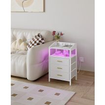 Comodino con Luci LED e Stazione di Ricarica, Tavolino con 3 Cassetti in Tessuto e Ripiani, con Porte USB e Prese Elettriche