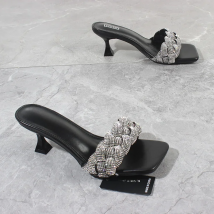 Women's Slippers 2024 Summer New Handmade Crystal Braided High Heels Sexy Stiletto Outside Fashion Women's Sandals 7CM