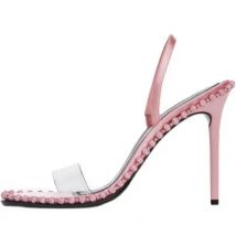 Summer Girls Pink Black White Clear PVC Bling Diamond Slip on Sandals Woman Steel Ball 8 cm 10 cm Elastic Band High Heel Shoes