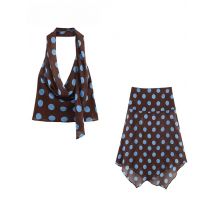 2025 Beach Style 2 Piece Set Asymmetrical Thin Long Skirt Sets Polka Dot Printed Hanging Collar Tops Women Sets