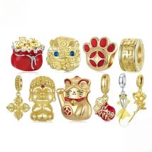 BISAER 925 Sterling Silver Lucky Koi Cat Pawprint Charm Bead Weaved Bag Pendant Plated Gold Fit Women DIY Bracelet Fine Jewelry