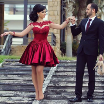 Customized Beautiful A Line See Through Applique Lace Red Short Prom Dress Long Sleeve short Ball gown evening gowns vestidos