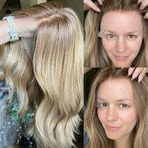 Warm Blonde Highlights Synthetic Wigs Dark Brown Roots 10% Human Hair Lace Front Wig Pre Pluckced Heat Resistant Fibre Women Wig