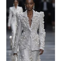 Silver Women Suit Set 2 Pcs Pearls Blazer+Straight Pants Trousers Customized Formal Office Lady Jacket Wedding Prom Coat