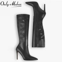 Onlymaker Spitz Kniehohe Stiefel Stiletto High Heels Weiche PU Leder Flock Concise Seite Zipper Big Size Mode Stiefel