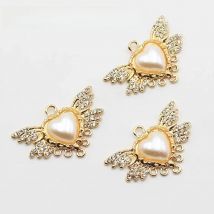 10 pieces/batch 22 * 33mm pearl heart shaped wing diamond pendant DIY alloy button clothing festival party jewelry accessories