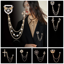 Korean British Style Crown Bird Brooch Cross Suit Tassel Chain Lapel Pin Angle Wings Badge Retro Female Corsage Men Accessories