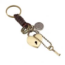 Retro Punk Style Lock Pendant Key Alloy Bronze Lock Key Leather Car Key Chain Key Ring Keyholder Ring For Men Women Gifts 17359