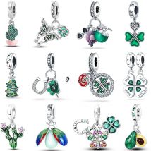 Green Series 925 Sterling Silver Lucky Clover Avocado Cactus Spring Charms Beads 3mm DIY Fine Jewelry Making