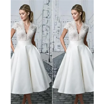 Summer New Style European and American Fashion Temperament White Lace Stitching V-neck Short-sleeved Party Dress