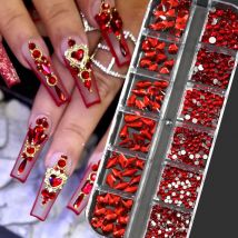 12Grids Luxury Ruby Red Nail Gems Round/Drop/Heart Shape Crystal Nail Art Decoration Valentine's Nail Charms DIY Manicure Supply