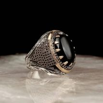 Punk Handmade Turkish Signet Ring for Men Vintage Silver Color Metal Inlaid Black Stone Ring Religious Muslim Jewelry