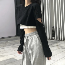Long Sleeve T-shirts Women Patchwork Loose Crop Tops Hot Girls Casual Simple All-match Spring Ladies Chic Tees Camis Sets 2pecs