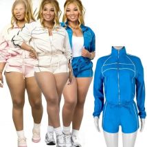 FAGADOER Casual Color Block 2 Pieces Set for Woman Long Sleeve Zipper Crop Jacke and Drawstring Shorts Female Jogger Clothing