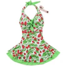 Women Strawberry Swim Dress Green Strawberry Print Halter Swimsuit Strawberry one piece swimsuit Cute Strawberry Beach Swimwear