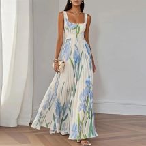 Spring Square Collar Floral Print Vacation Dress Womens Sexy High Waist Sling Long Dresses Summer Off Shoulder Hollow Boho Dress