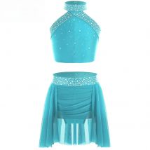 Kids Girls Sparkly Rhinestones Dance Outfit Halter Neck Sleeveless Backless Cross Back Vest with Ruched Irregular Skirt