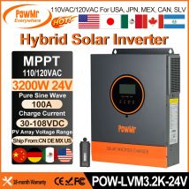 PowMr 3,2 kW 110 V Hybrid-Solarwechselrichter, reine Sinuswelle für 24 V Lithium-Batterie, eingebautes 100 A MPPT-Controller-Solarpanel 90 V-108 V