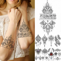 Unique Mandala Flower Temporary Tattoos For Women Men Realistic Fake Pendant Feather Gem Tattoo Sticker Washable Forearm Tatoos