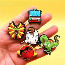 Original 1pcs Dilophosaurus PVC Shoe Charms Accessories Decorations Jurassic Dinosaurs Bus Designer Shoe Clips Buckle Kids Gifts