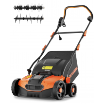 DOVAMAN Elektryczny aerator i skarifier do trawnika 2w1, 1500W, szerokość 40cm, 5 głębokości, pojemnik na trawę 45L, składany, regulowany, lekki
