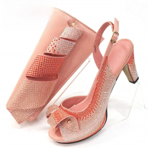 Venus Chan Newest INS Style Peach Color Rhinestone Elegant High Heels Nigeria Popular Design African Ladies Shoes And Bag Set