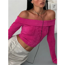 CHRONSTYLE Off Shoulder Long Sleeve Tees Crop Tops Women Fall Spring  Slash Neck Slim Fit Short T-Shirts Street Casual Base Tops