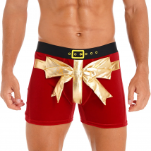 Mens Bowknot Velvet Boxer Brief Christmas Holiday Santa Claus Theme Party Costume Funny Wide Elastic Waistband Shorts Underwear