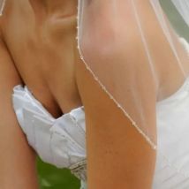 Fingertip Length White Ivory Champagne Wedding Veil One Layer Cut Edge Beaded Bridal Veil with Comb Tulle