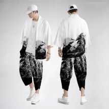 Large Size 5XL 6XL Japanese Kimono Cardigan Pants Set Print Dragon Men Women Shirt Tradition Yukata Haori Obi Cosplay Costume