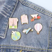 Cute Cartoon Airplane Earth Stamp Hot Air Balloon Enamel Brooch Love Letters Ribbon Luggage Alloy Pins Fashion Woman Jewelry