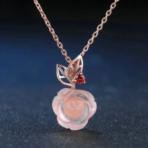 LAMOON Rose Flower 925 Sterling Silver Necklace Rose Quartz Gemstone Necklaces 18K Rose Gold Plated Fine Jewelry LMNI025