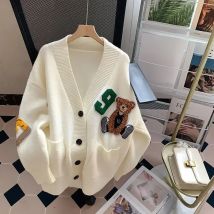 Women Print Button Cardigan Sweaters V Neck Splice Knit Thick Jumpers Casual Loose Long Sleeve Elegant Lady Autumn Winter